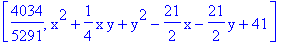 [4034/5291, x^2+1/4*x*y+y^2-21/2*x-21/2*y+41]